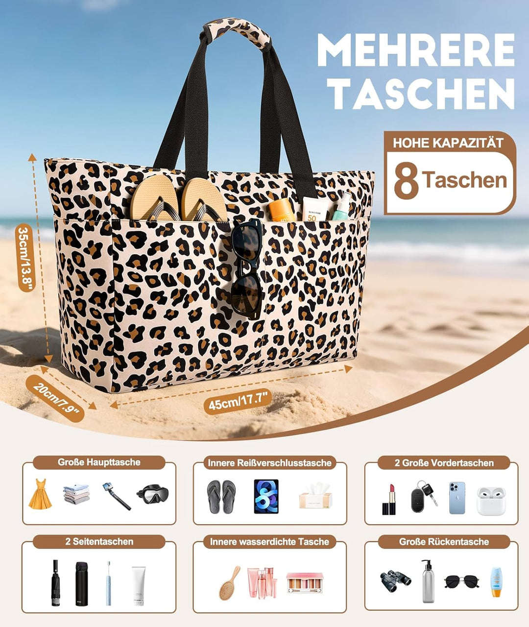 ISEYOU Strandtasche XXL Familie, Gross Strandtasche mit Reissverschluss Wasserdicht Sanddicht, Handt