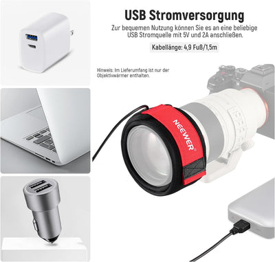 NEEWER USB Objektivheizung, 500mm Objektivwärmer für DSLR Kamera und Teleskop, 3 Temperatureinstellu