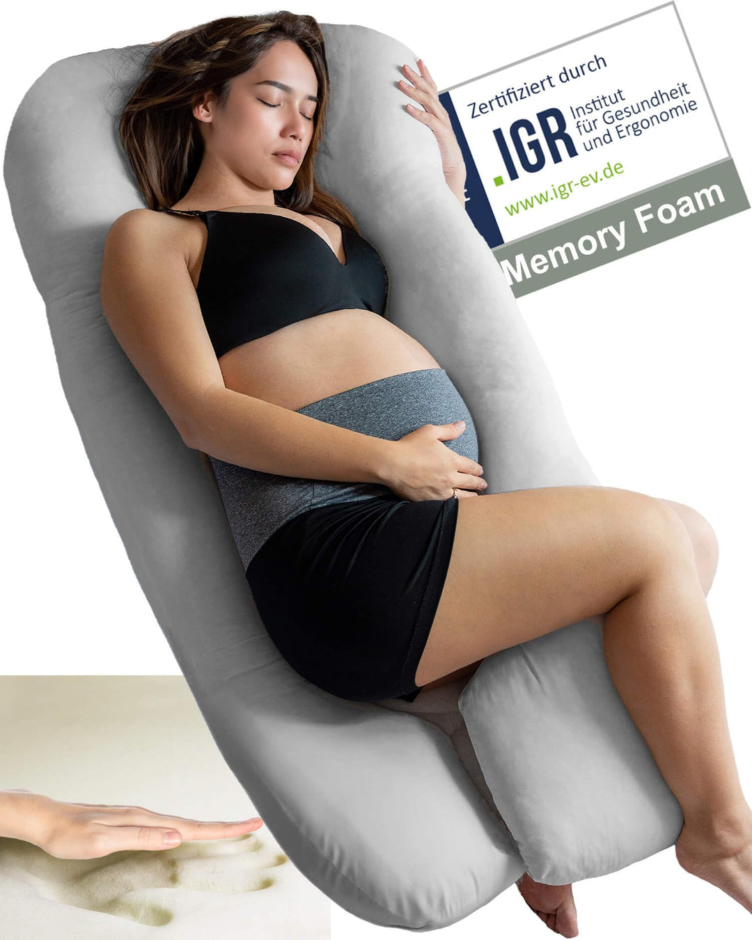 Traumreiter Seitenschläferkissen Visco M mit Bezug Silber. Hybrid Kissen + 1cm Memory Foam. U Form S