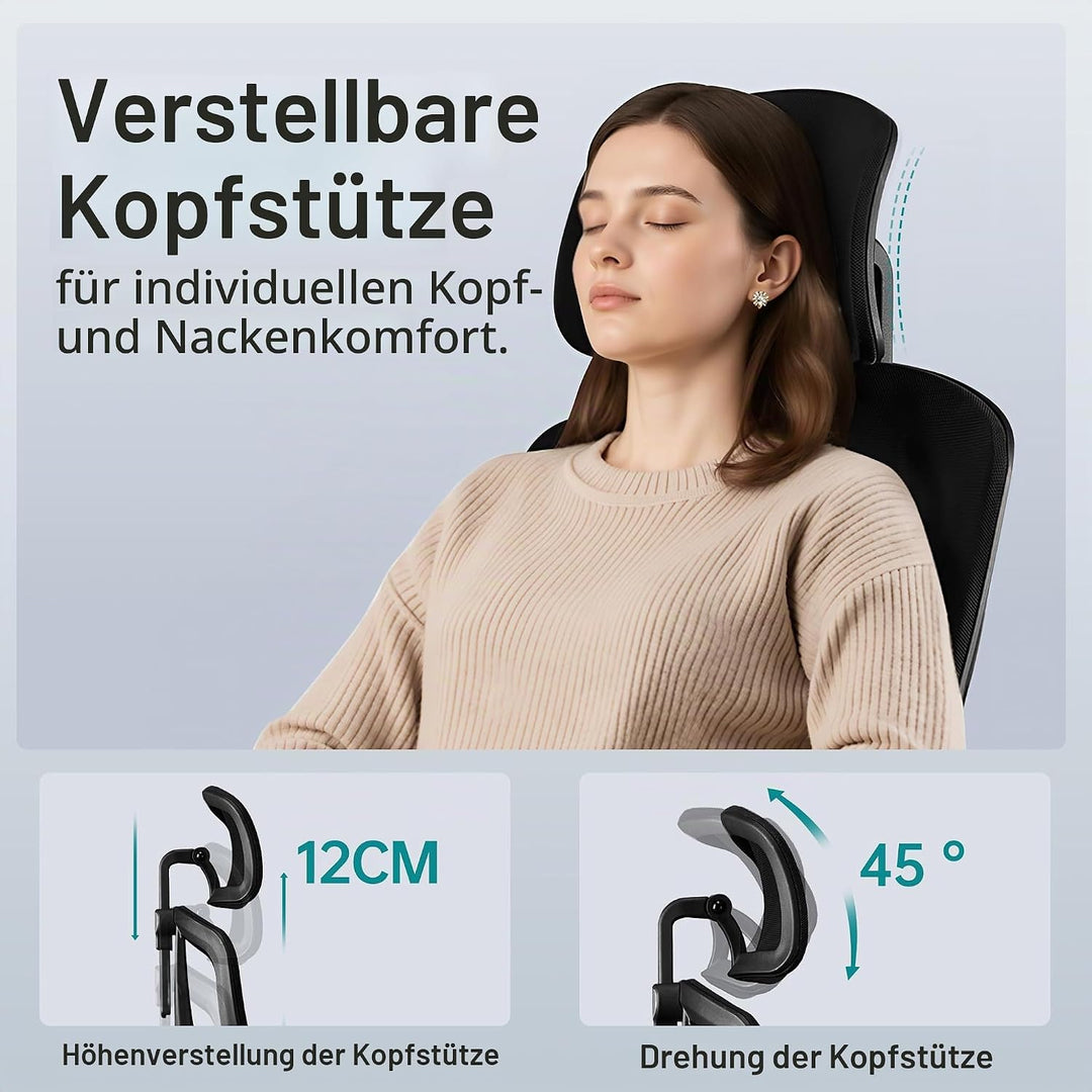 Ergonomischer Bürostuhl mit Verstellbar 3D Armlehne Kopfstütze und Lendenwirbelstütze, Schreibtischs