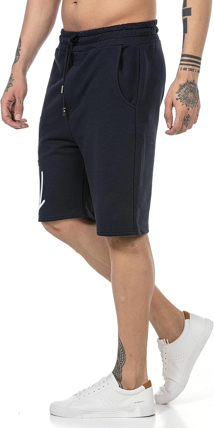 T-Shirt für Herren Kurzarm Baumwolle Rundhals Bestickt L Shorts: Blau, L Shorts: Blau