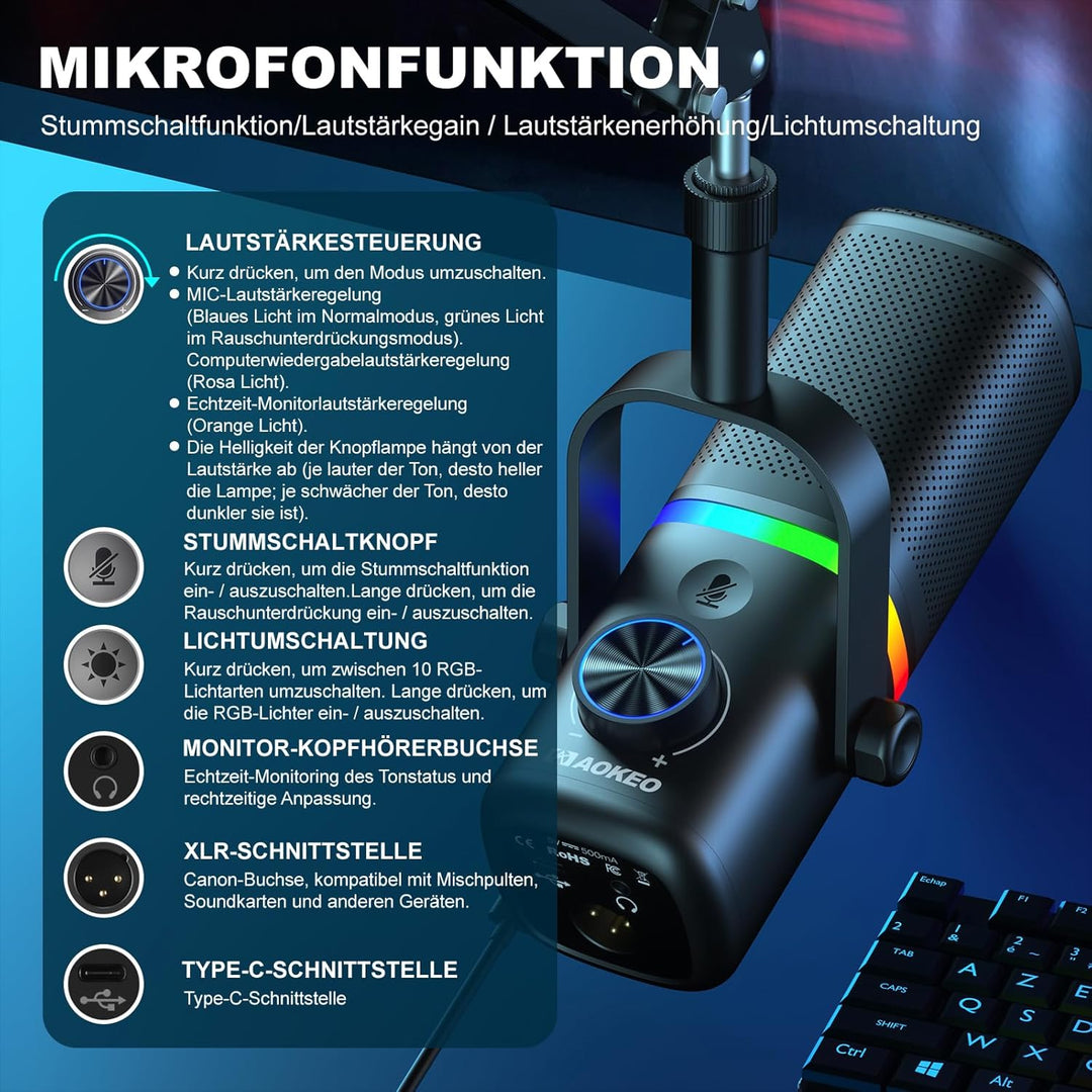 aokeo Mikrofon PC mit Mikrofonarm,AK-10 USB/XLR Dynamisches Gaming Mikrofon für Podcast,Streaming mi