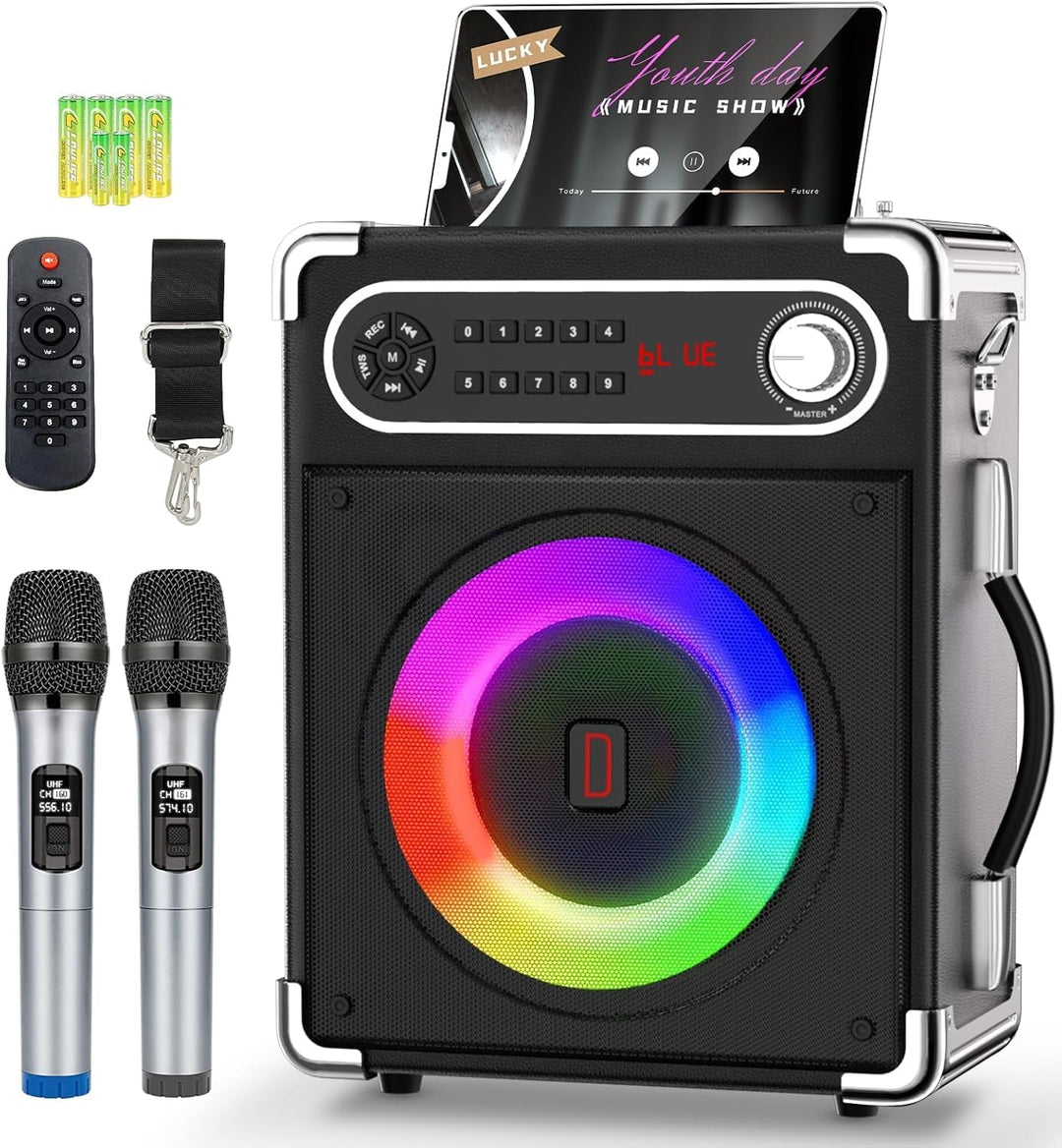 Karaoke-Maschine mit 2 kabellosen Mikrofonen, tragbarer Bluetooth 5.3-Lautsprecher mit LED-Leuchten,
