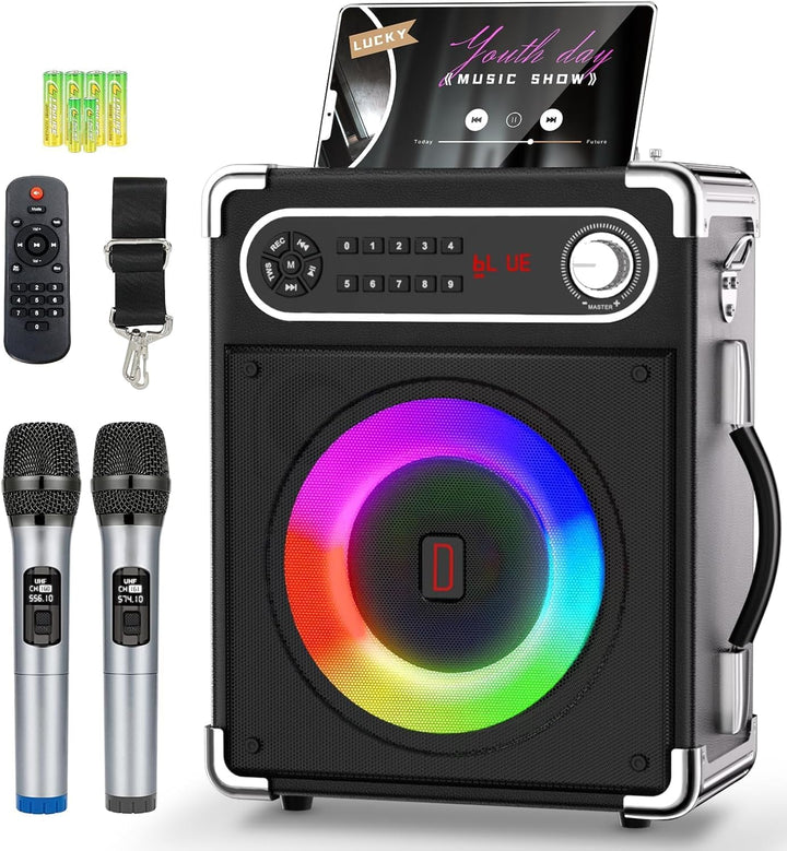 Karaoke-Maschine mit 2 kabellosen Mikrofonen, tragbarer Bluetooth 5.3-Lautsprecher mit LED-Leuchten,