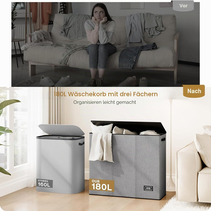 SOLEDI 180L Wäschekorb, Wäschesammler mit Deckel, 3 Fächer und 3 Wäschesack - Grosser XXXL Wäschesor
