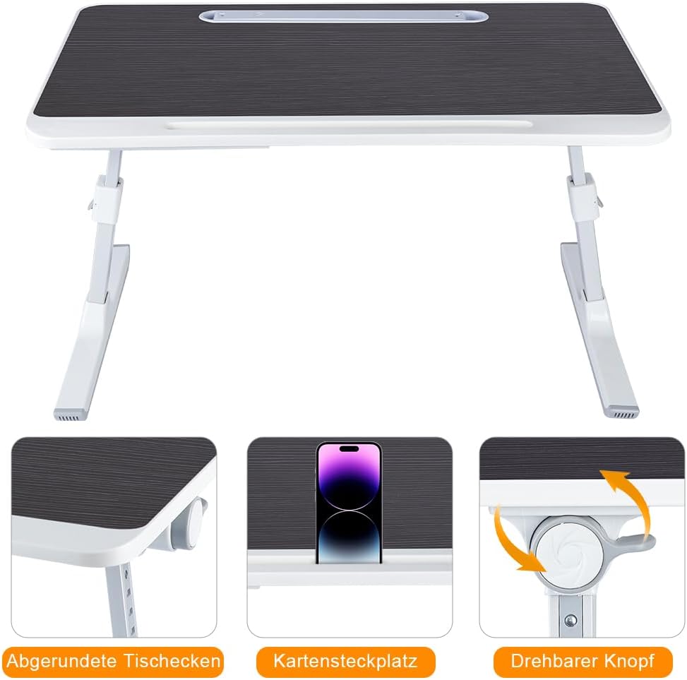 Laptop-Bett mit Beleuchtung, Schublade und zwei Fächern, Betttablett, höhenverstellbar, für Sofa und