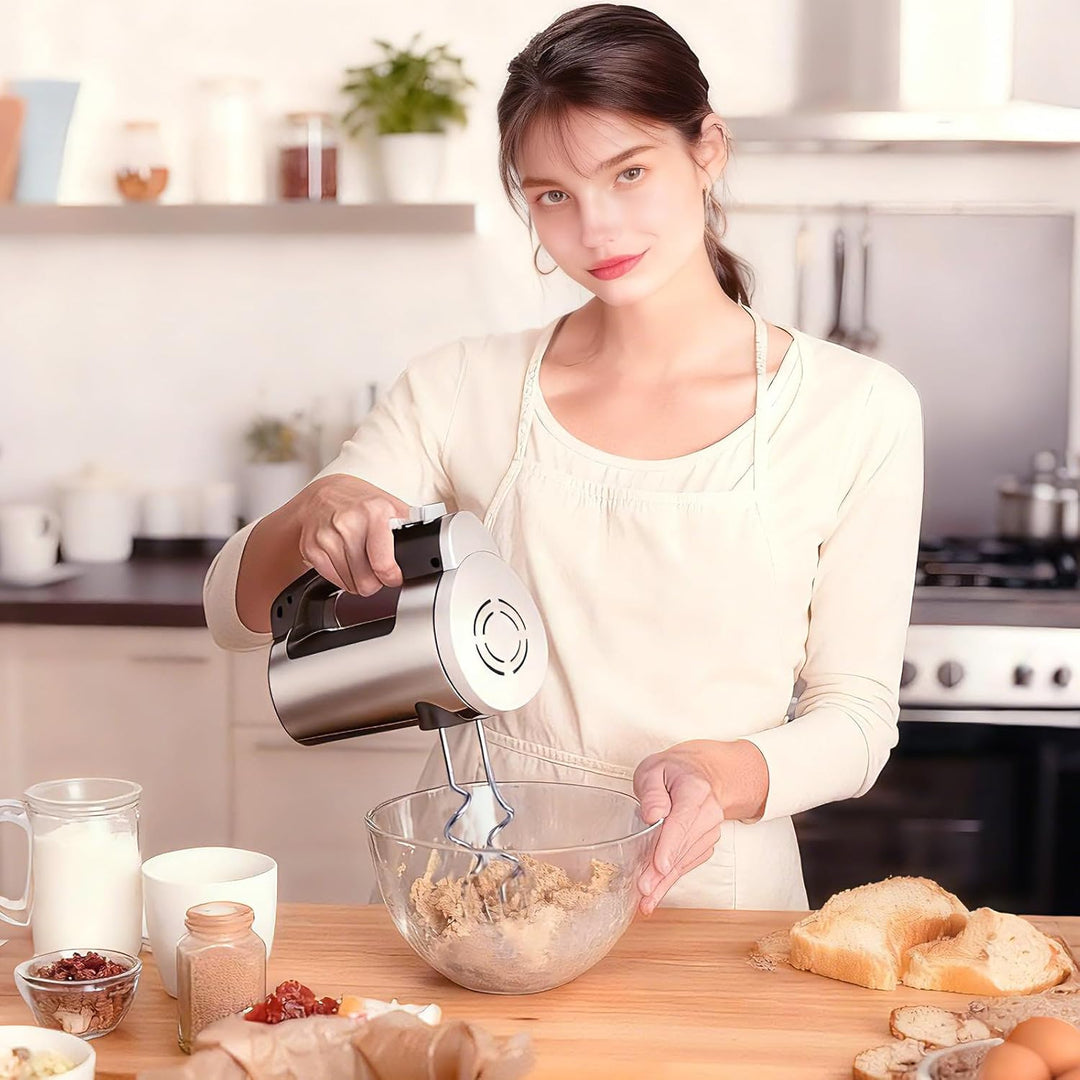 VINATO Elektrischer Handmixer, 300W mit 6 Stufen, 2 Edelstahl-Rührbesen & Knethaken | Für Teig, Eier