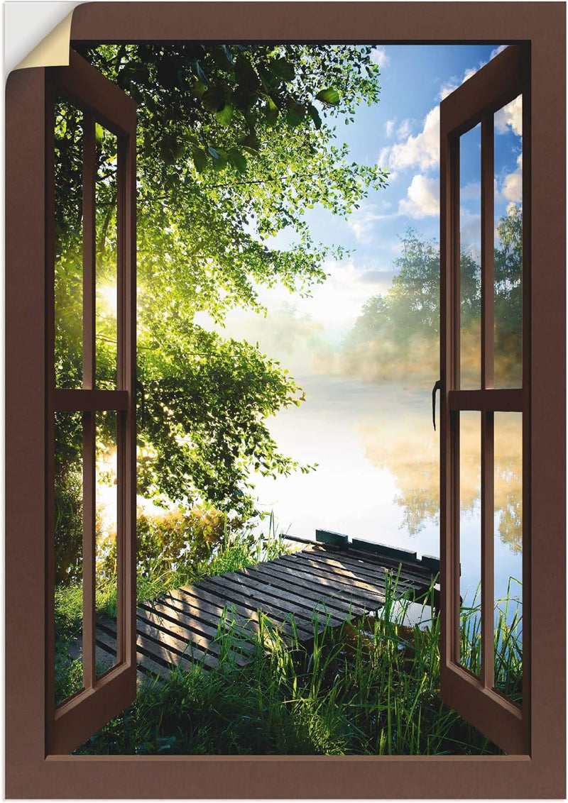 ARTland Wandbild selbstklebend Vinylfolie 70x100 cm Fensterblick Fenster Landschaft Wald Natur See A