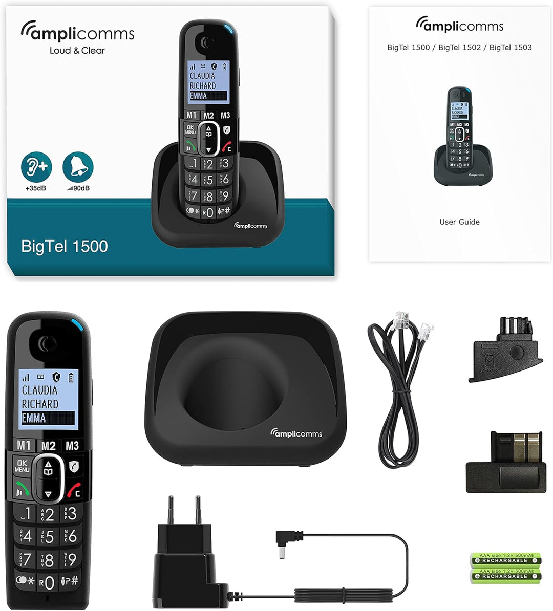 Amplicomms BigTel 1500 schnurloses DECT Grosstasten Telefon, Audio-Boost, extra Laute Klingeltöne, H