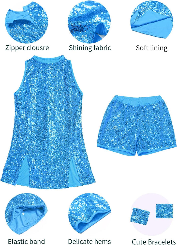 LOLANTA Mädchen Pailletten-Kostüm Hip Hop Dancewear Funkelndes Tanzkleid Gesetzt 6-7 Jahre Hellblau,