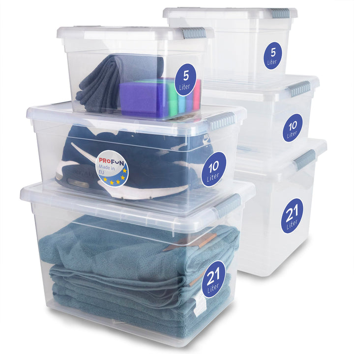 PROFUN Aufbewahrungsboxen Set mit Deckel - 21 L, 10 L und 5 L – Gross Plastikbox mit Deckel – Stapel