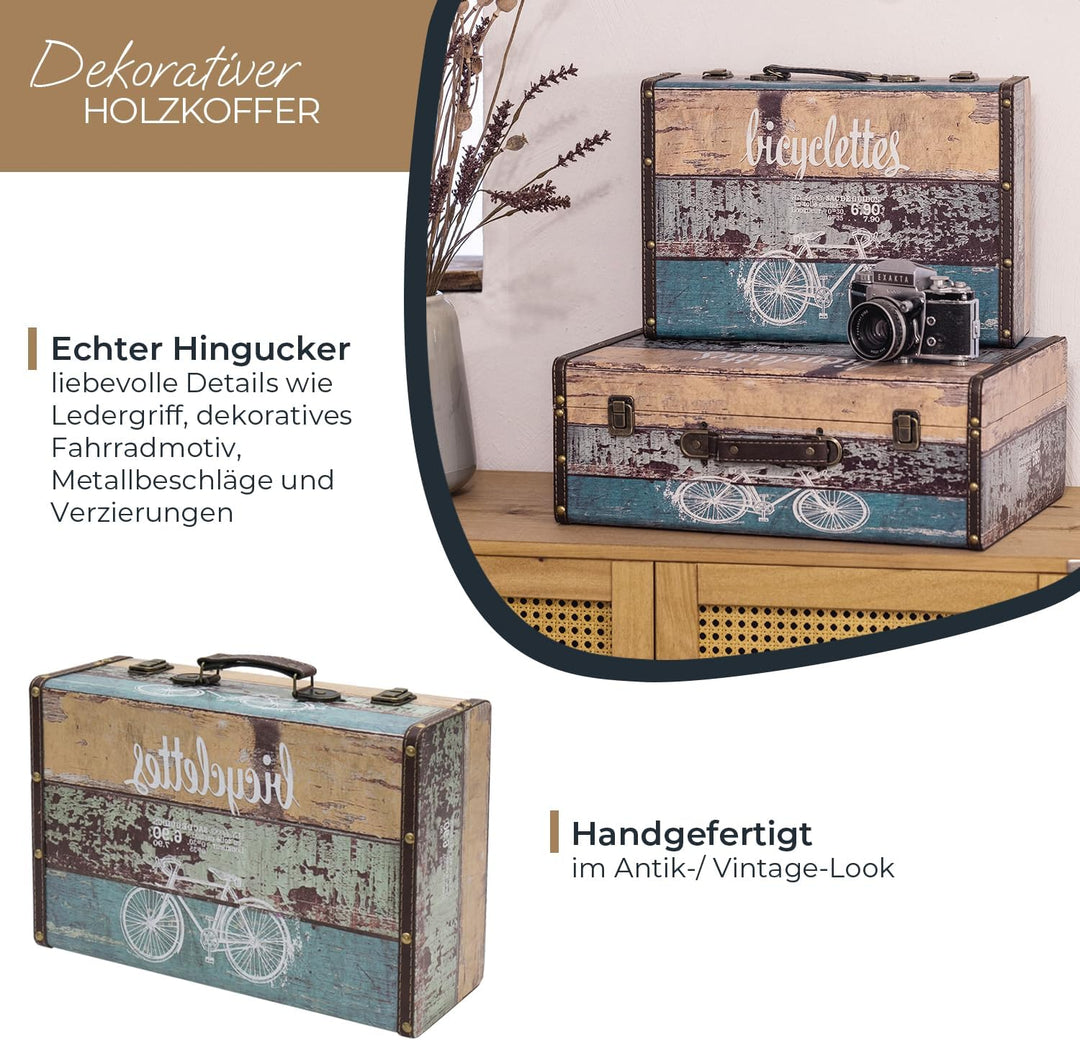 HMF Vintage Deko Koffer aus Holz, Aufbewahrungsbox mit Deckel und Ledergriff, stilvolle Aufbewahrung