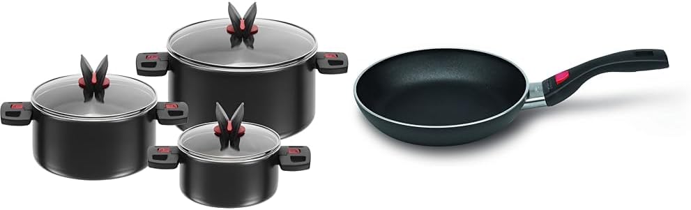 BALLARINI Topfset, 3-tlg., Inkl. 3 Glasdeckel, Antihaftbeschichtet, schwarz & Click & Cook Pfanne 24
