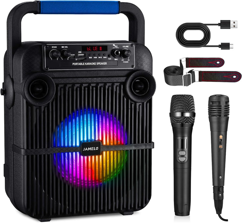 JAMELO Tragbare Karaoke Anlage mit 2 Mikrofonen Bluetooth Karaoke Maschine mit Lichteffekte Tragbare