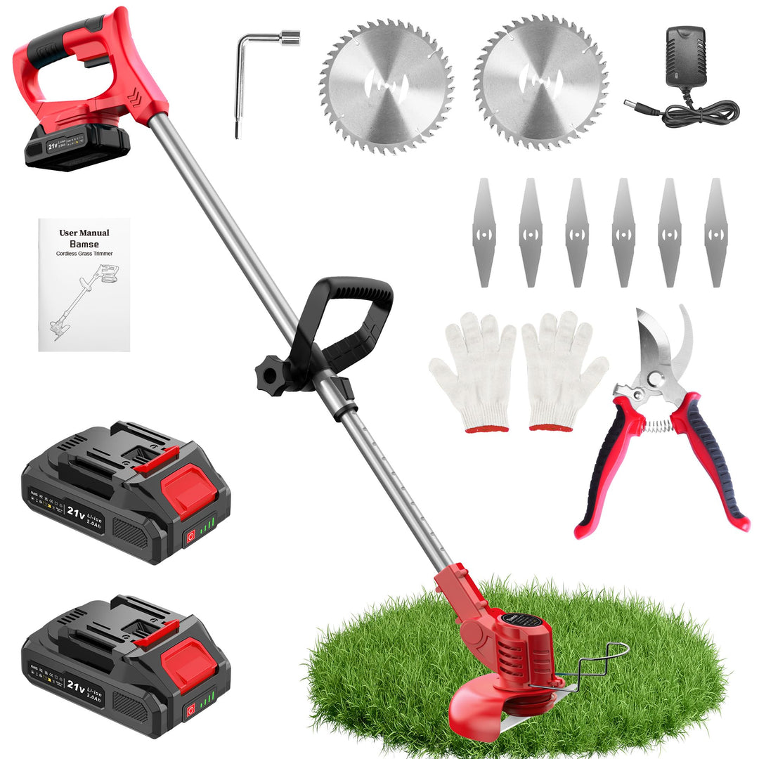 Bamse Rasentrimmer mit Akku – Akku Rasentrimmer, 11000 U/min, 2x2000mAh, Teleskopgriff 85–120cm, 2 S