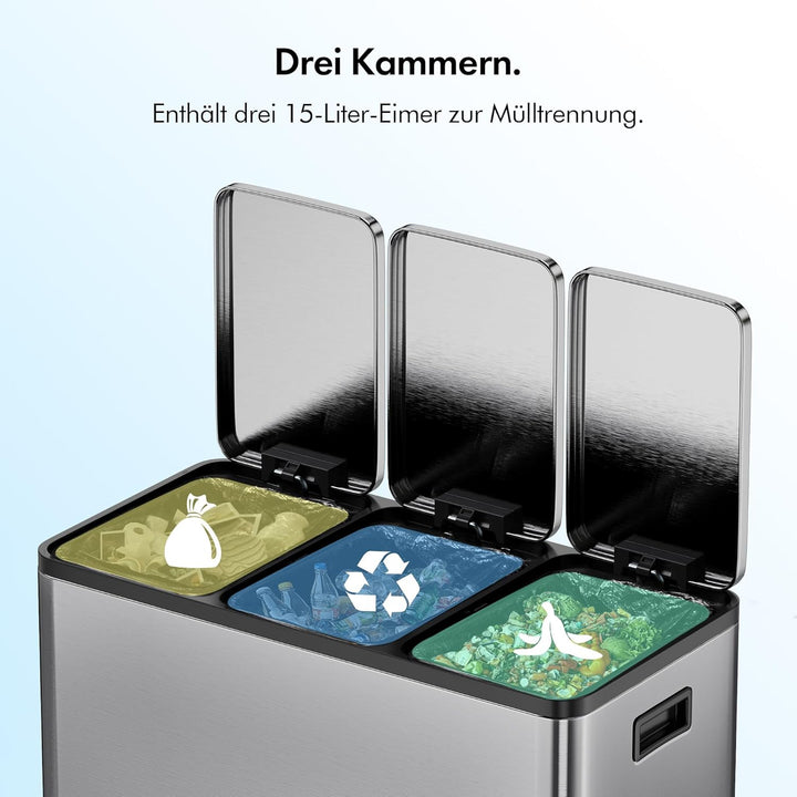 VonHaus Mülleimer Küche 3 Fächer, 45L Recycling Mülltrennsystem – Abfalleimer Biomüll, Rutschfester