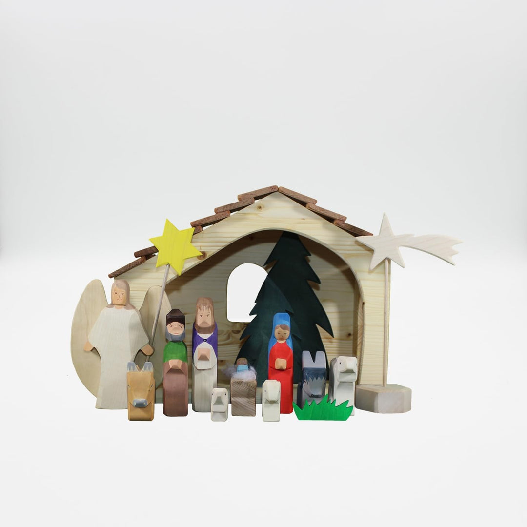 Holzspielwaren Ackermann Weihnachtskrippe aus Holz – 16 Krippenfiguren inkl. Krippenstall, aus Schwä