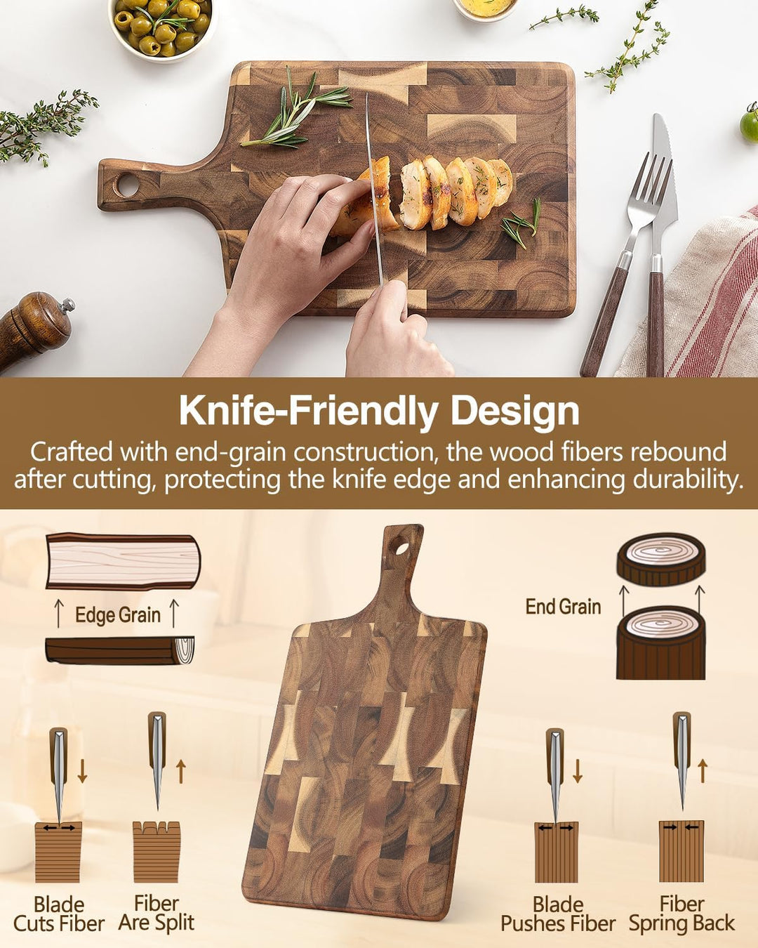 XINZUO Schneidebrett aus Akazienholz 41 * 22 * 1,9cm Rechteckiges Servierbrett mit Griff, Hackbrette