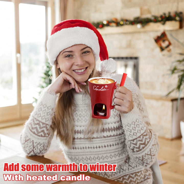 WELLXUNK Schokoladen Fondue Becher Set, 200 ml Keramik Schokoladenfondue Tasse, Rot Schokofondue Tas