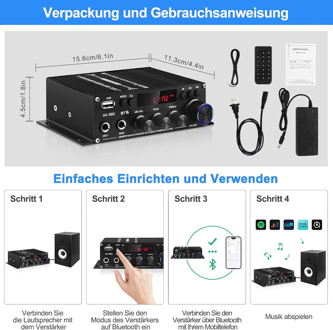HiFi Stereo Verstärker Empfänger für Home Lautsprecher, AK-390 Bluetooth5.0 Mini Audio Amp 2.0 Kanal