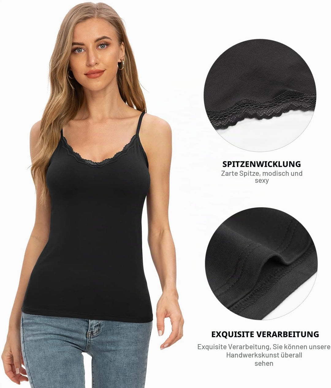 Damen Tanktop mit Spitzen Unterhemd Spaghettiträger Basic Top V-Ausschnitt Verstellbare Trägertop 4e