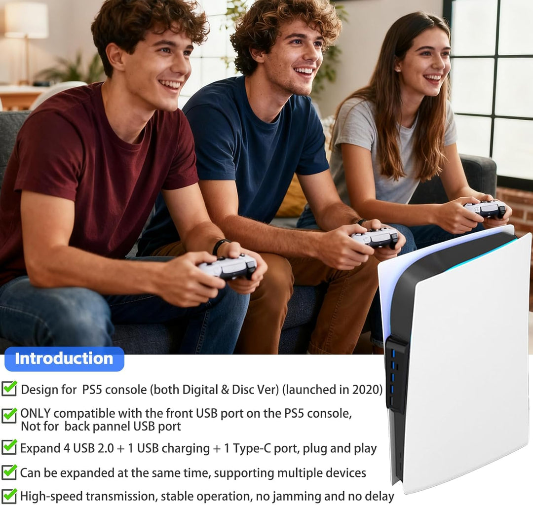 6 Port USB Hub für PS5, High-Speed Expansion Hub Charger Splitter Adapter mit 4 USB + 1 USB Charging