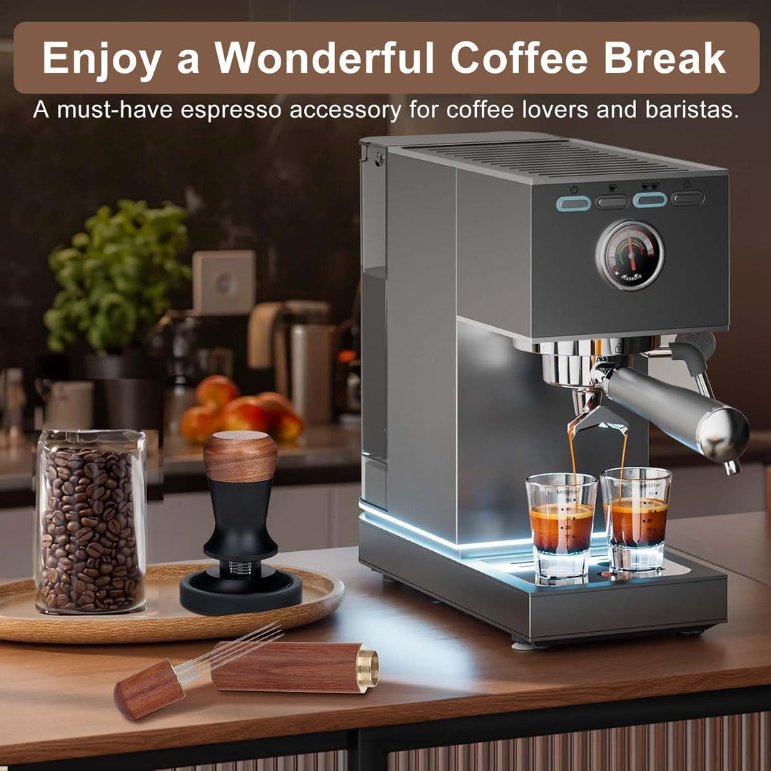 Kaffee Tamper Set: Tamper 51mm mit Holzgriff-WDT Tool mit 6 Nadel-Silikon Tampermatte, Kaffeestampfe