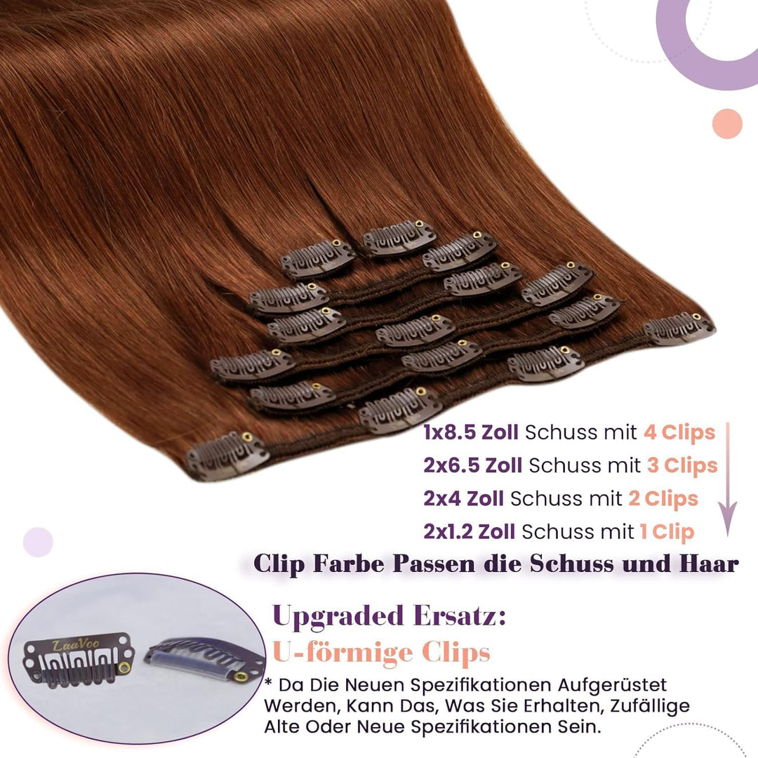 LaaVoo Clip in Extensions Echthaar,Rotbraun Haarverlängerung Clip in Echthaar Extensions Clip in Ech
