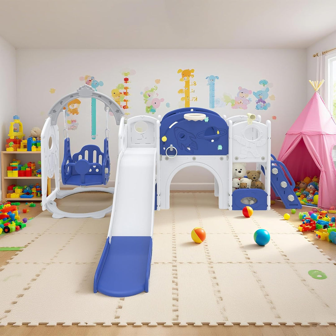Aufun 7-in-1 Kinderrutsche für Kleinkinder, Multifunktionales Spielset mit Schaukel, Rutsche, Basket