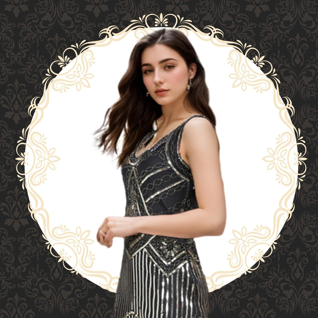 FEPITO 1920er Jahre V-Ausschnitt Pailletten Perlen Fransen Kleid mit 20er Jahren Zubehör Set Pure Bl