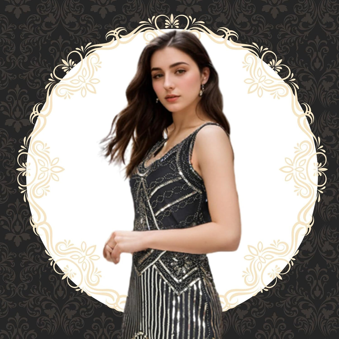 FEPITO 1920er Jahre V-Ausschnitt Pailletten Perlen Fransen Kleid mit 20er Jahren Zubehör Set Pure Bl