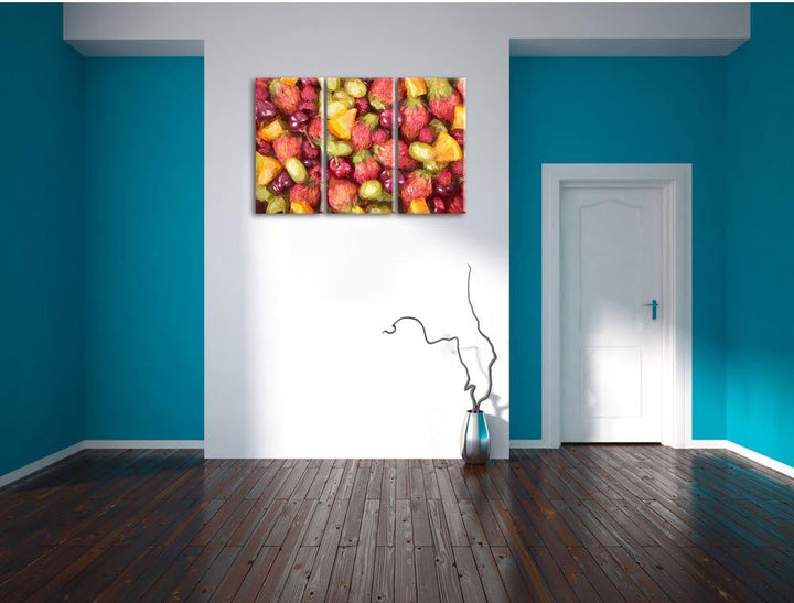 Pixxprint Fruits: Cherry, Strawberry, Orange, Grapes Pinsel Effekt 3-Teiler Leinwandbild 120x80 Bild