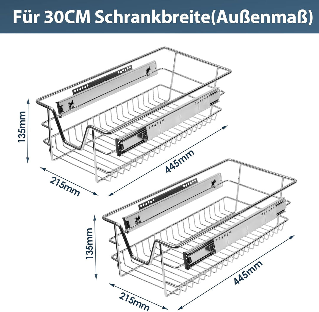2x Küchenschublade 30cm Schrankbreite Teleskopschublade Korbauszug Schrankauszug Verchromt 25kg Bela