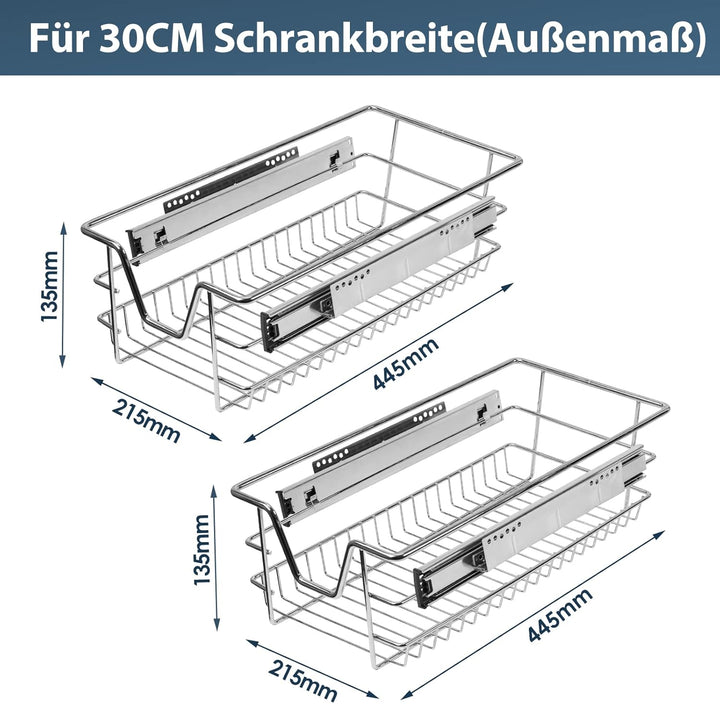 2x Küchenschublade 30cm Schrankbreite Teleskopschublade Korbauszug Schrankauszug Verchromt 25kg Bela