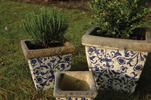 Esschert Design Keramik Blumentopf 3er Set, 3 Verschiedene Grössen, blau-weisses Blumenmuster