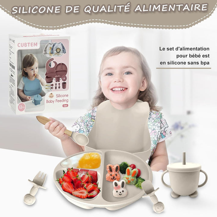 Baby Geschirrset,12er Set Kindergeschirr, Babylöffel,Trinklernbecher,Silikon Lätzchen,Baby Teller Ki