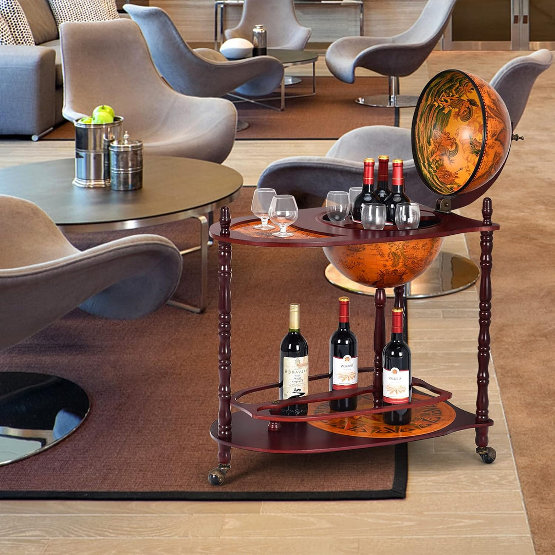 KOMFOTTEU Globus Bar Barwagen, Minibar mit Rollen, Weinregal mit Klassischem Design, Cocktailbar Bar