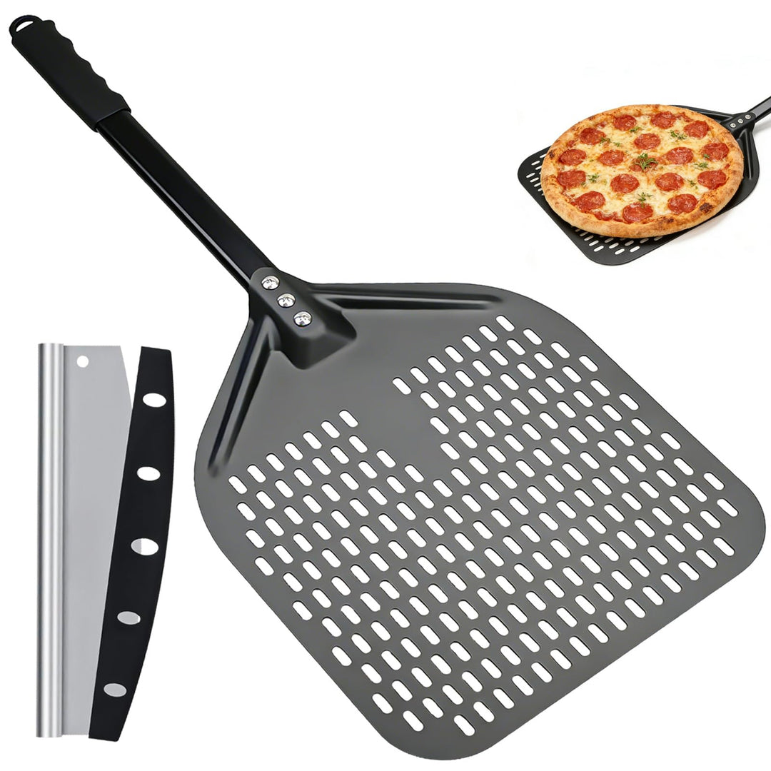 Pizzaschieber Perforiert 40 x 30 cm 12 Zoll mit Pizzamesser, Profi Pizzaschaufel Aluminium Set, 72.5