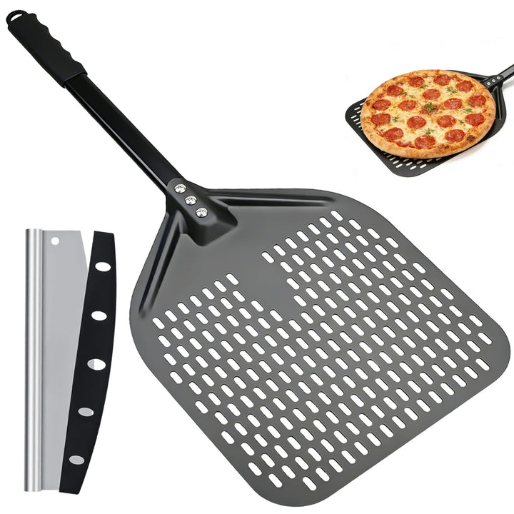 Pizzaschieber Perforiert 40 x 30 cm 12 Zoll mit Pizzamesser, Profi Pizzaschaufel Aluminium Set, 72.5