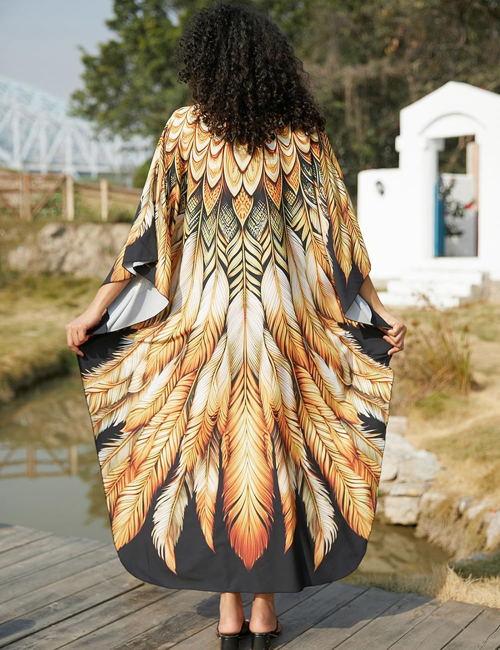 Bsubseach Damen Ethnic Print Kaftan Beach Dress Plus Size Strandkleid Goldene Feder, Goldene Feder
