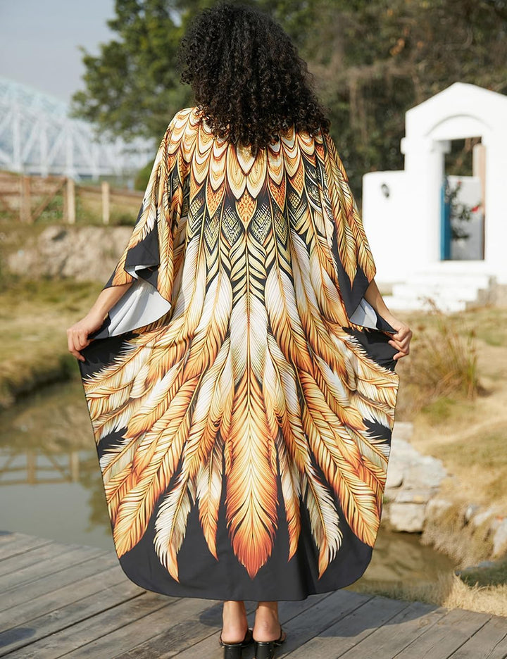 Bsubseach Damen Ethnic Print Kaftan Beach Dress Plus Size Strandkleid Goldene Feder, Goldene Feder