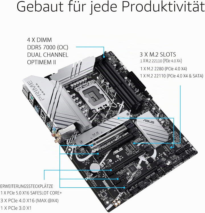 ASUS Prime Z790-P WIFI Gaming Mainboard Sockel Intel LGA1700 (ATX, PCIe 5.0, DDR5 Speicher, 3x M.2,