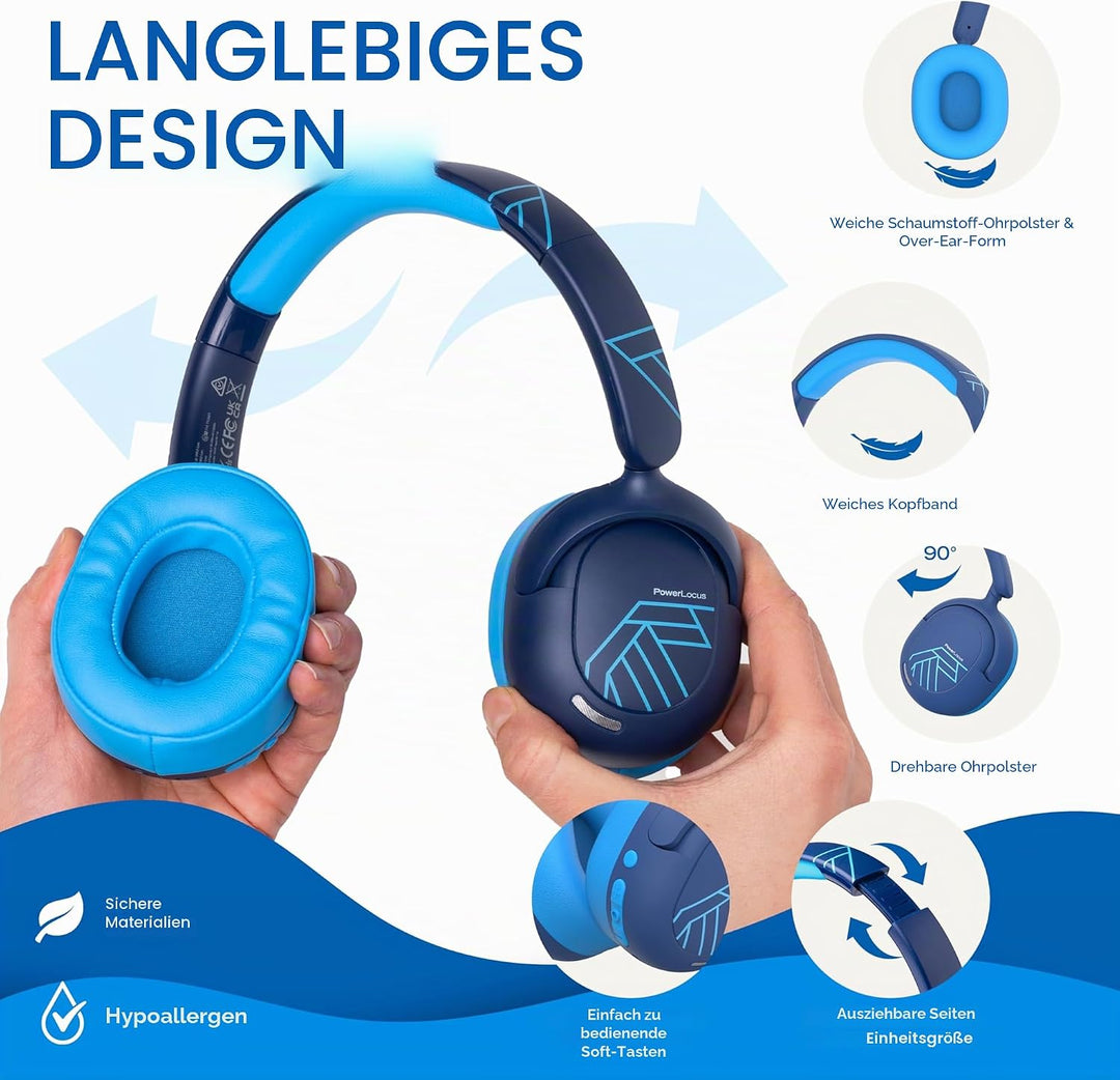 PowerLocus Bluetooth Kopfhörer Kinder, Aktive Geräuschunterdrückung, 70H Spielzeit, 74/85/94dB Siche