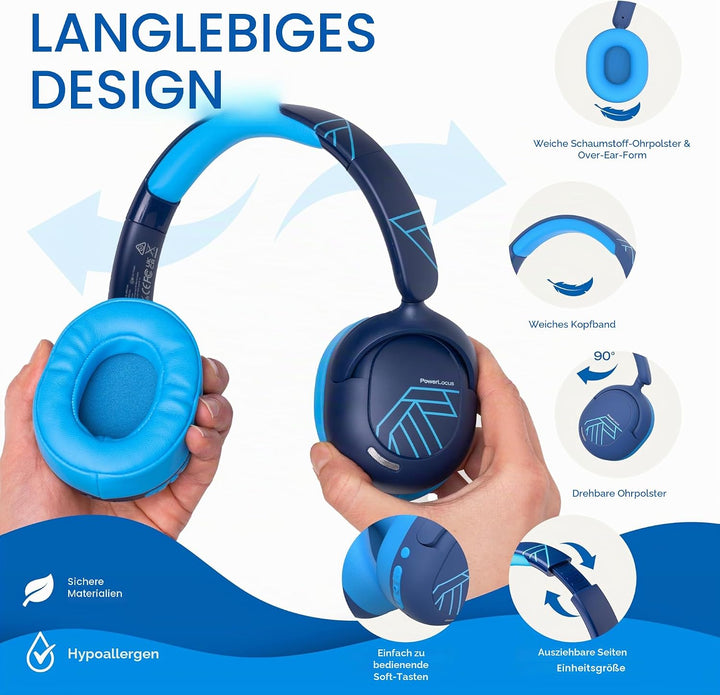 PowerLocus Bluetooth Kopfhörer Kinder, Aktive Geräuschunterdrückung, 70H Spielzeit, 74/85/94dB Siche