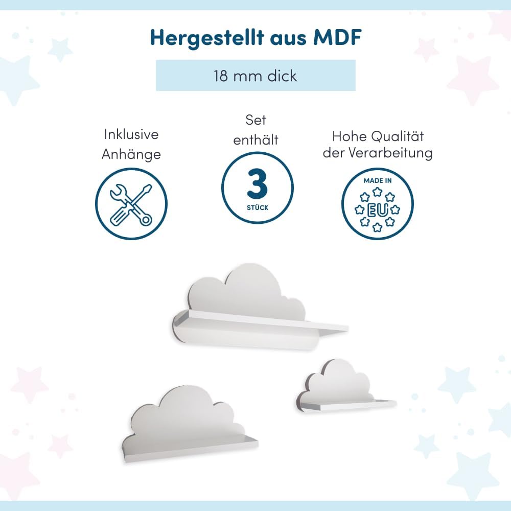 3er Set Wandregal Kinderzimmer Weiss | Babyzimmer Wolkenregal für Bücher, Spielzeug, Dekoration | Re