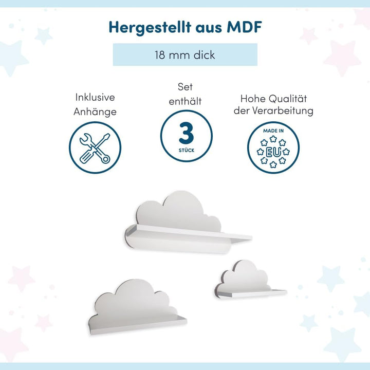 3er Set Wandregal Kinderzimmer Weiss | Babyzimmer Wolkenregal für Bücher, Spielzeug, Dekoration | Re