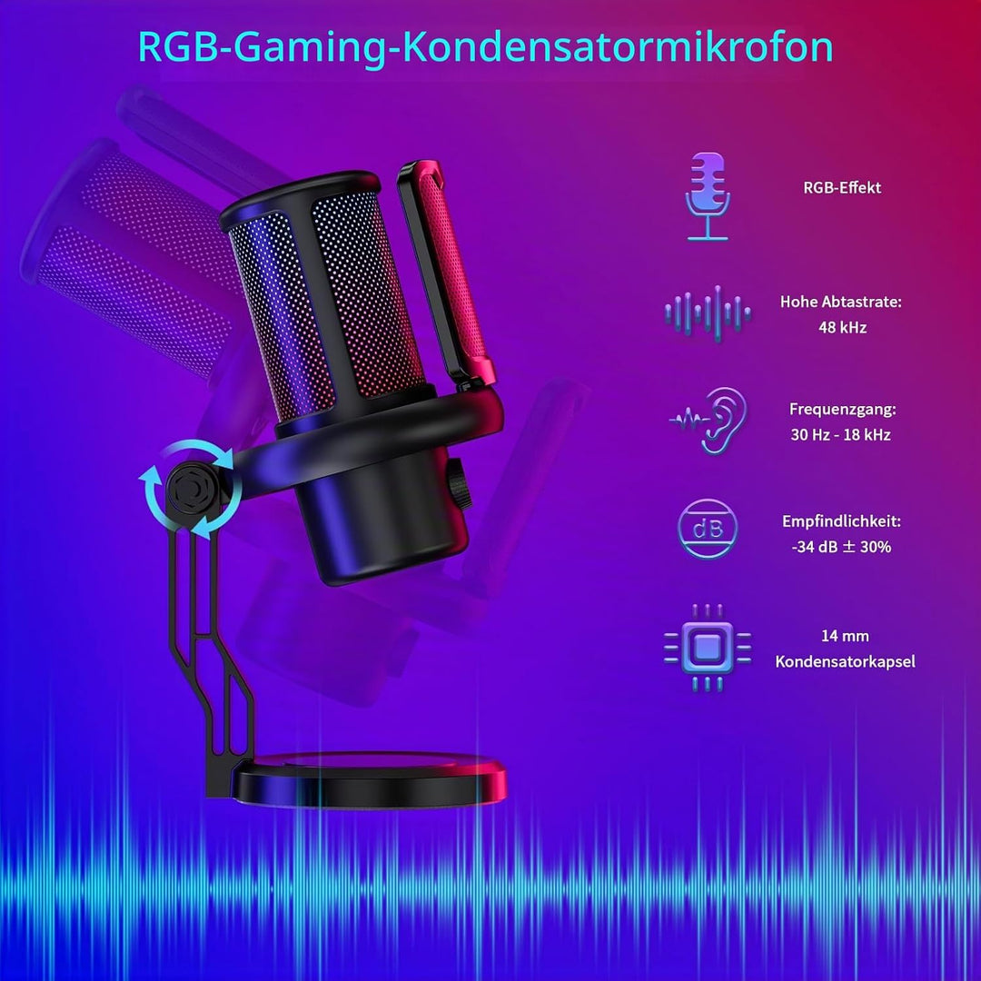 K KASONIC Gaming Mikrofon mit RGB-Beleuchtung, USB Kondensatormikrofon mit Pop-Filter für PC, Schnel
