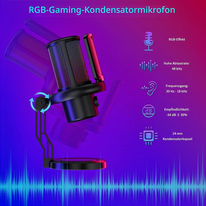 K KASONIC Gaming Mikrofon mit RGB-Beleuchtung, USB Kondensatormikrofon mit Pop-Filter für PC, Schnel