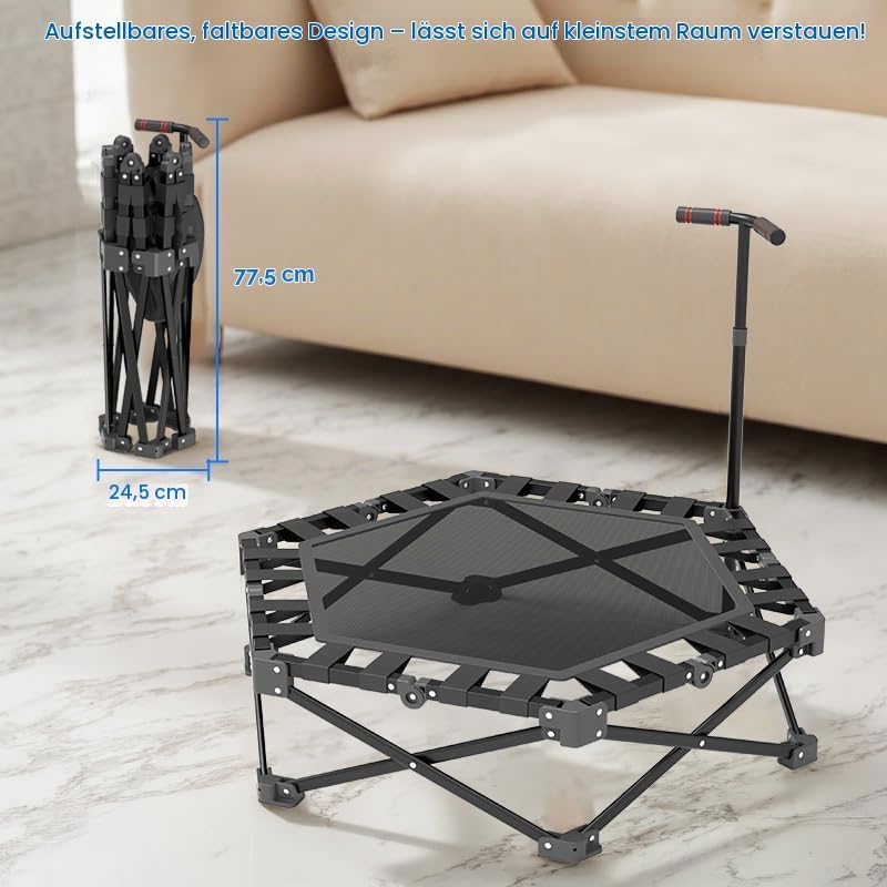 Fitness Trampolin Klappbar, Mini Trampolin Indoor 106cm mit 3-Fach Höhenverstellbarem Griff, Extra S
