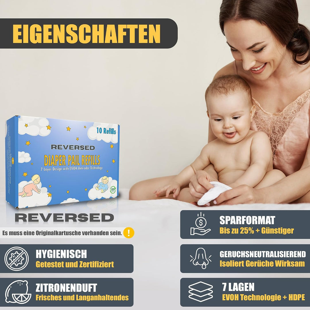 REVERSED® 10 Stück Nachfüllfolie für Windeleimer - Kompatibel mit Tommee Tippee Twist & Click Angelc